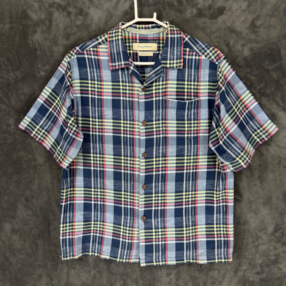 Tommy Bahama Mens M Silk Plaid Short Sleeve Button Up Shirt Original Fit Blue